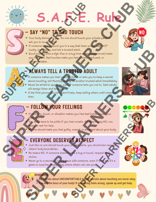 S.A.F.E. Rule™ Kids Body Safety Poster (Girls Version) — Teach Consent & Boundaries (Printable for Schools, Churches & Homes)