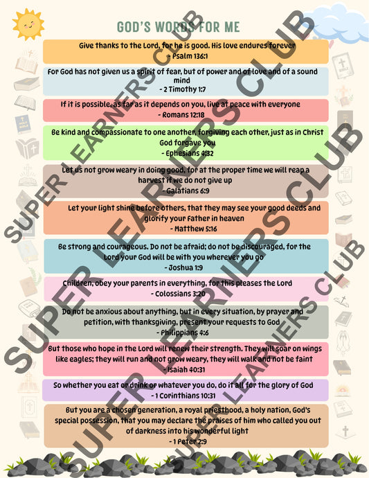 God’s Words for Me — 12 Scripture Affirmations for Kids | Printable Christian Poster