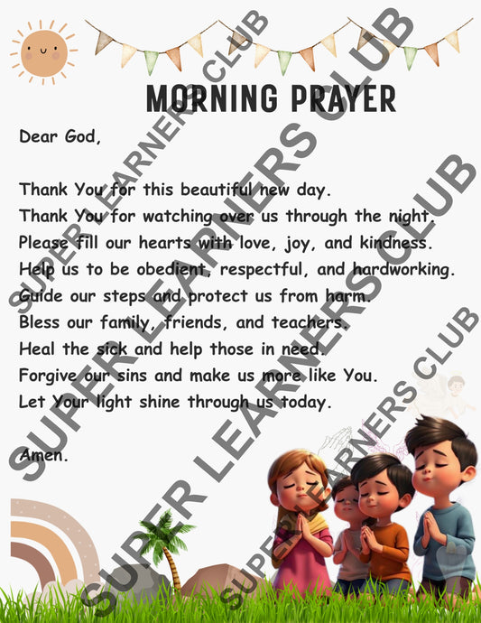Morning Prayer for Kids — Printable Christian Poster (Gratitude • Kindness • Confidence)
